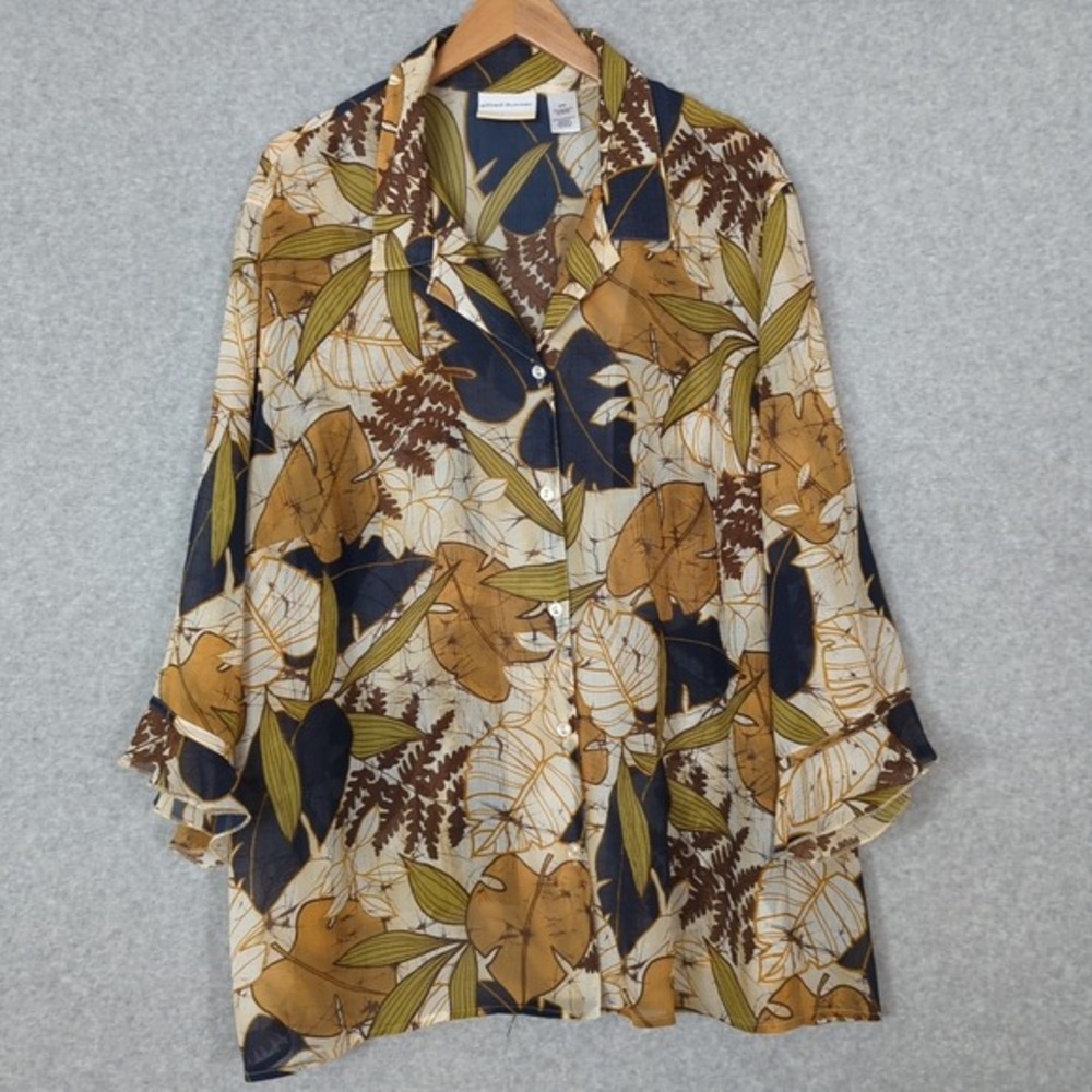Alfred Dunner Sheer 3/4 Sleeve Shirt Plus Size 24W Button Down AOP Chiffon